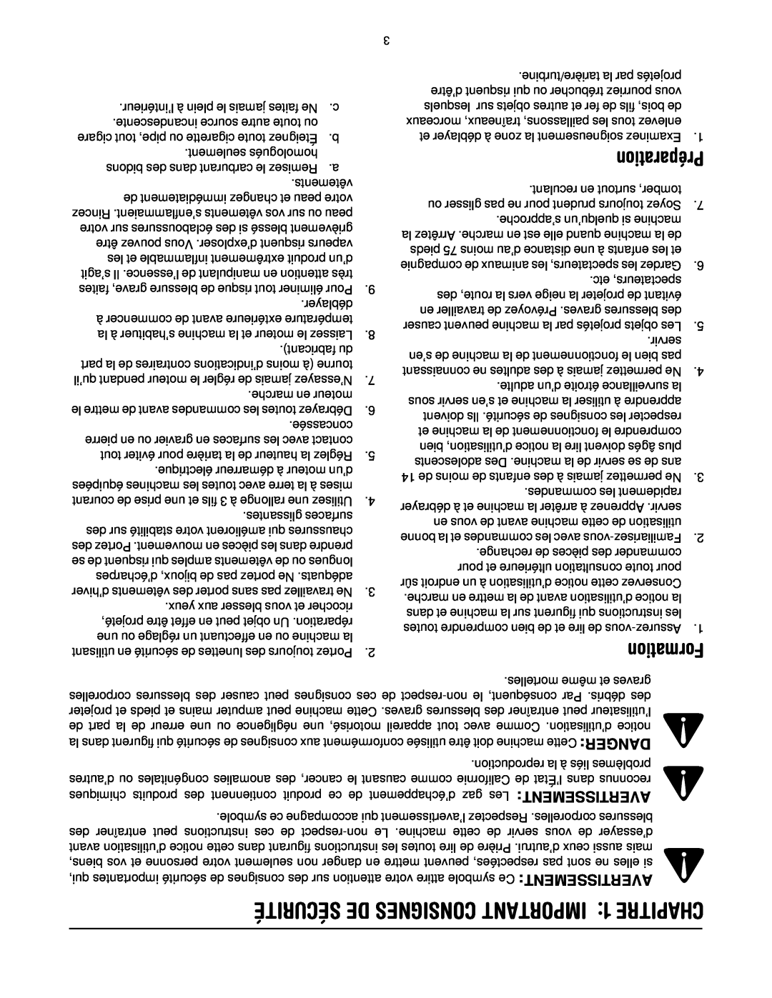MTD 60-3754-4, 60-3753-6 manual SÉCURITÉ DE CONSIGNES IMPORTANT 1: CHAPITRE, Préparation, Formation 