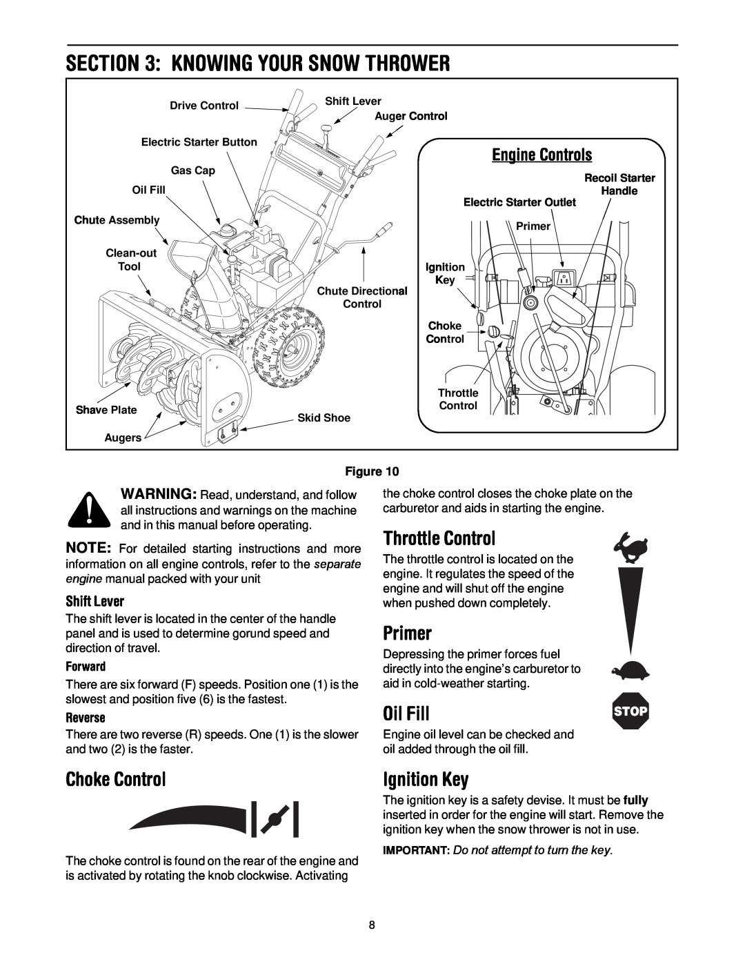 MTD 60-3754-4 Knowing Your Snow Thrower, Throttle Control, Primer, Oil Fill, Choke Control, Ignition Key, Engine Controls 