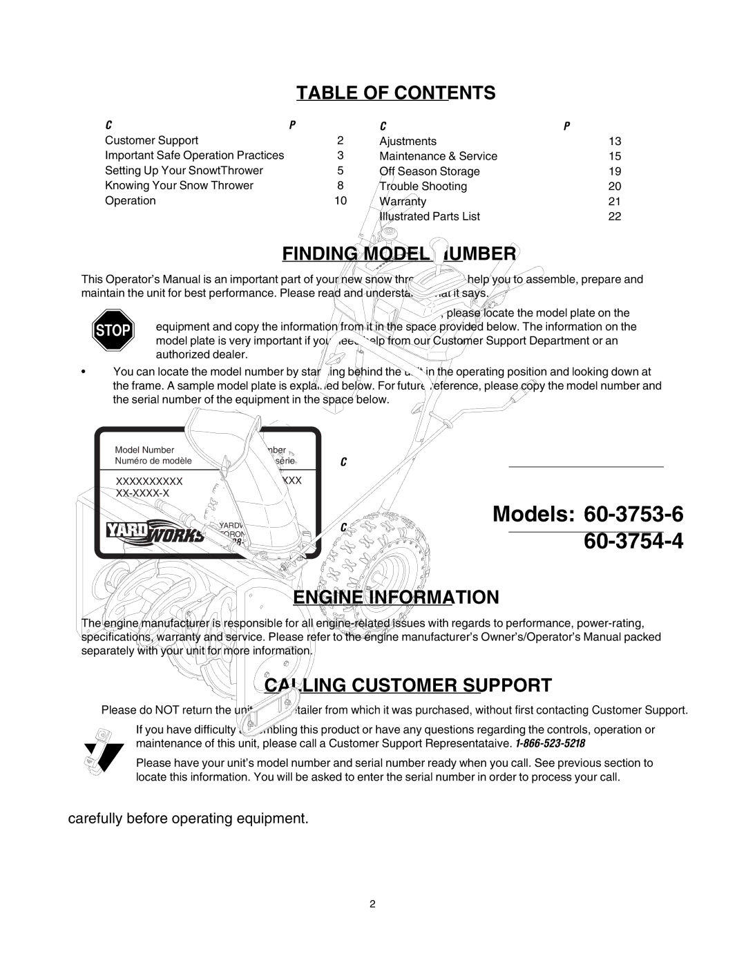 MTD 60-3754-4, 60-3753-6 manual Table of Contents 