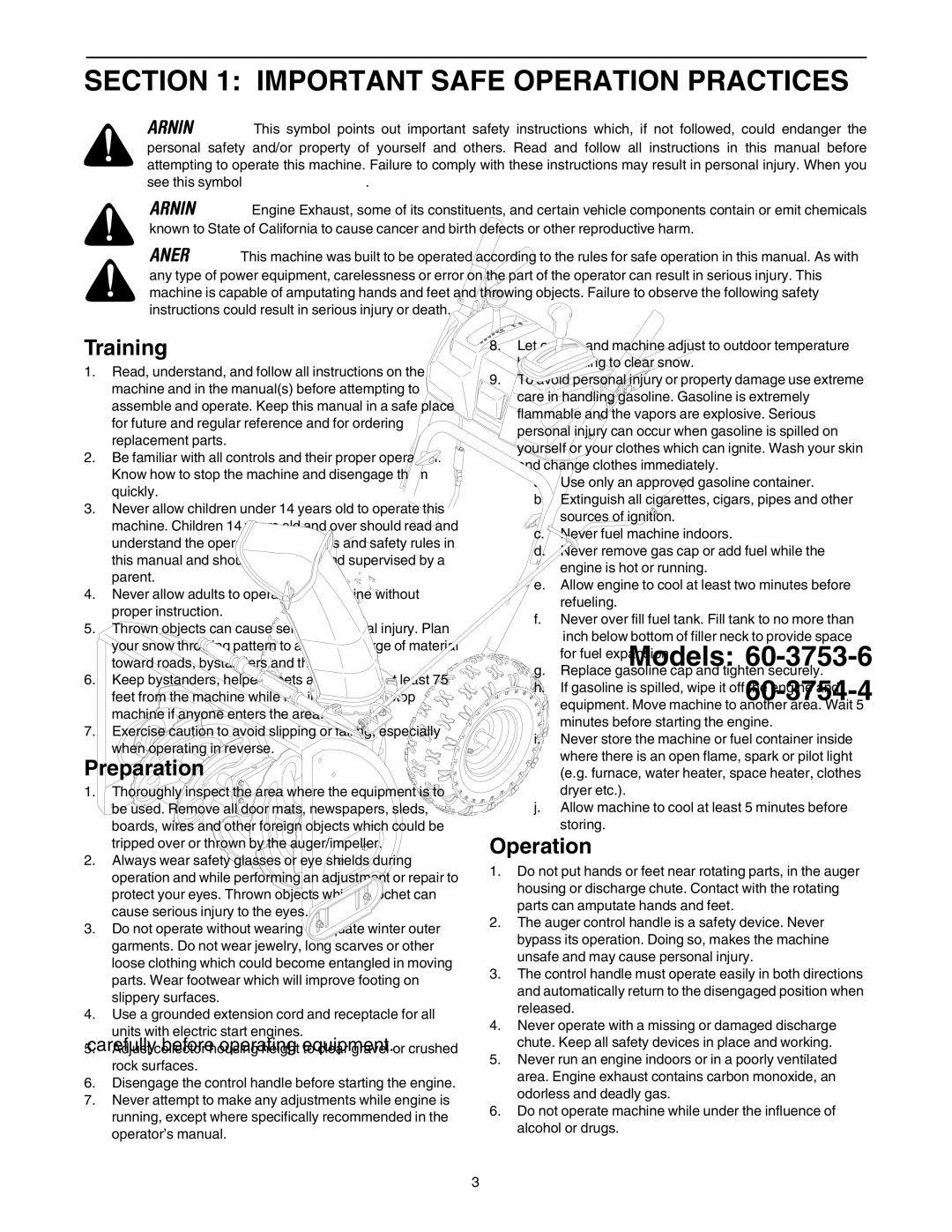 MTD 60-3753-6, 60-3754-4 manual Important Safe Operation Practices, Training 