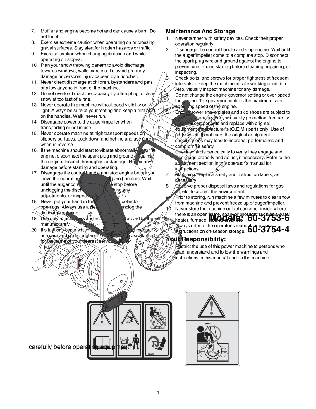 MTD 60-3754-4, 60-3753-6 manual Your Responsibility, Maintenance And Storage 