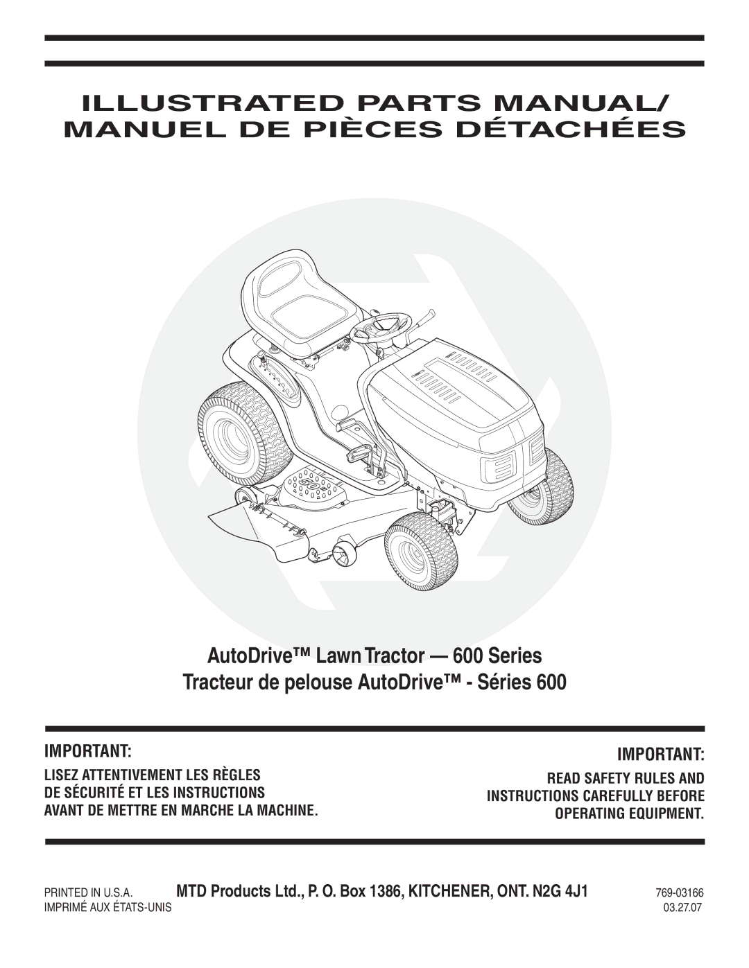 MTD 600 manual Illustrated Parts MANUAL/ Manuel DE Pièces Détachées 