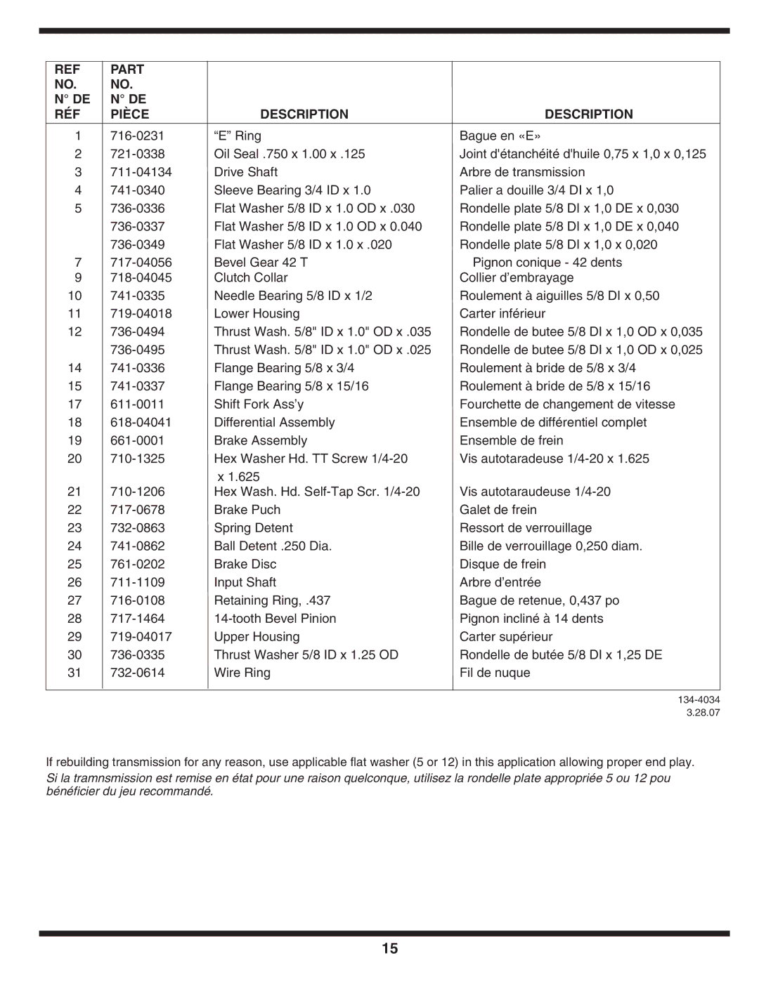 MTD 600 manual Part RÉF Pièce Description 