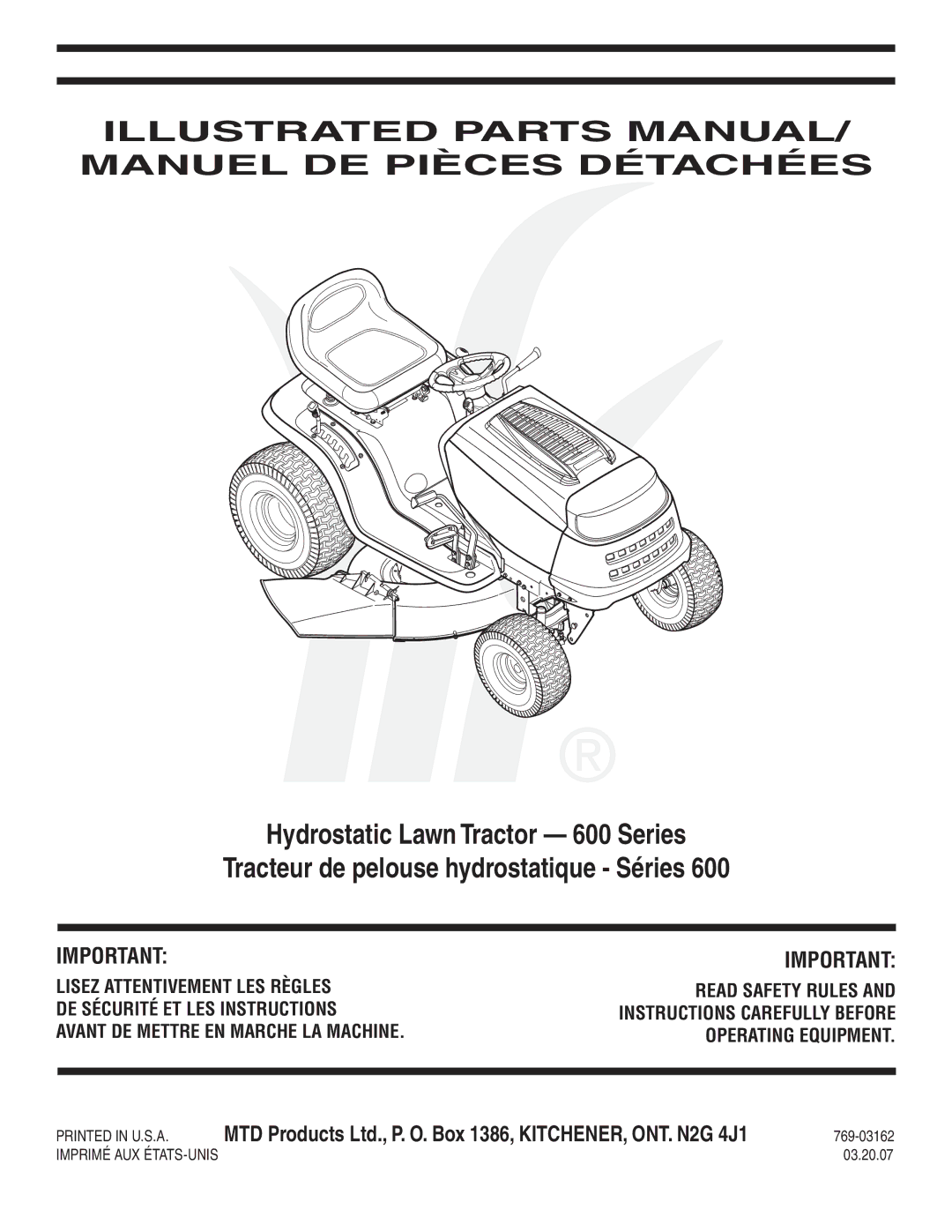 MTD 600 manual Illustrated Parts MANUAL/ Manuel DE Pièces Détachées 