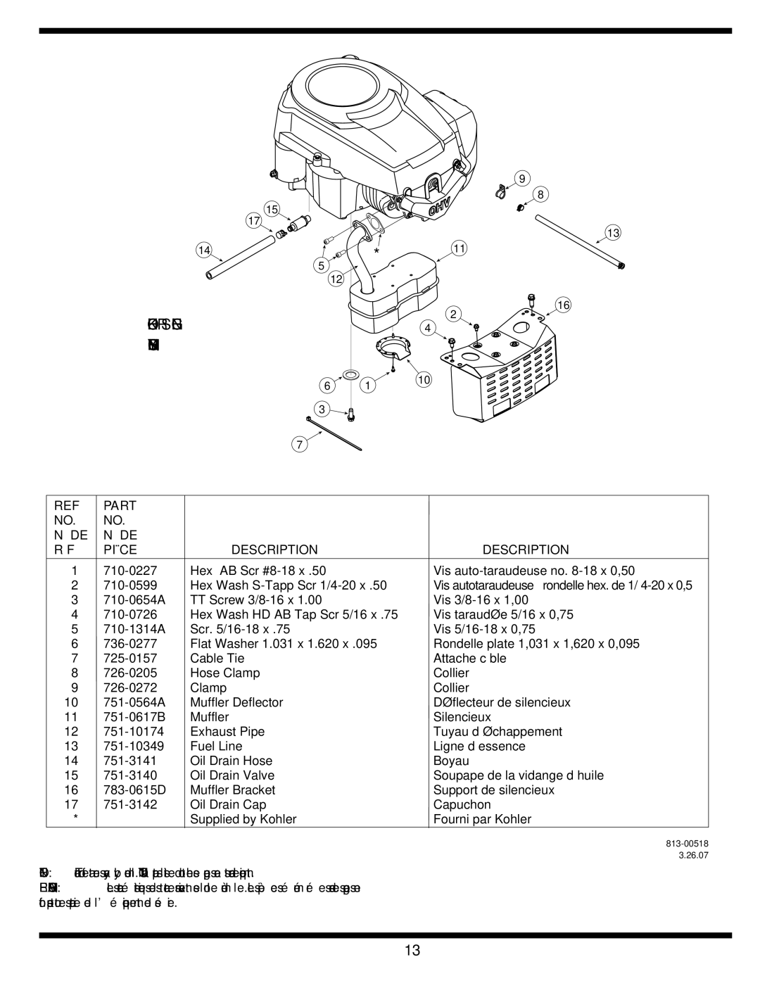 MTD 600 manual Kohler Single Monocylindrique 