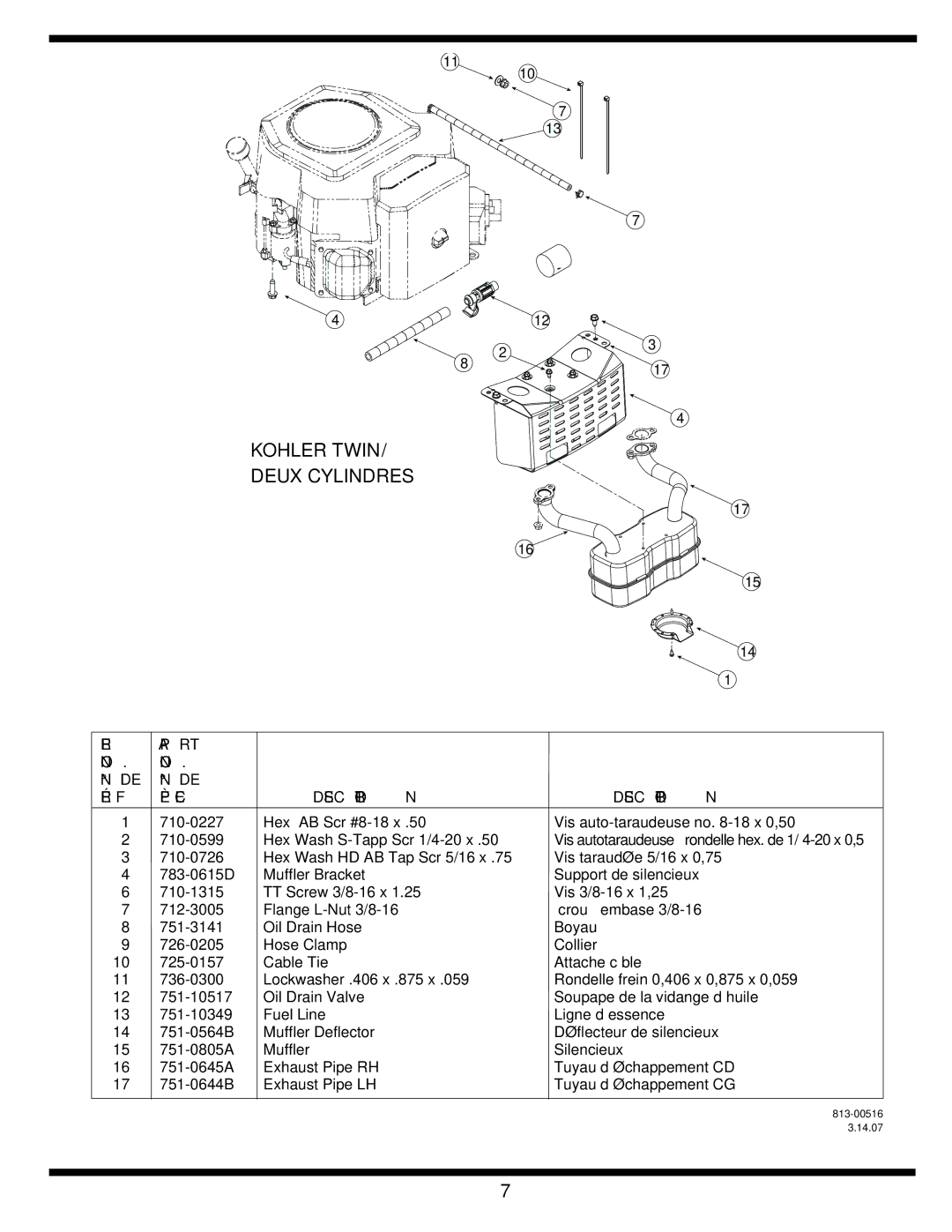 MTD 600 manual Kohler Twin Deux Cylindres 