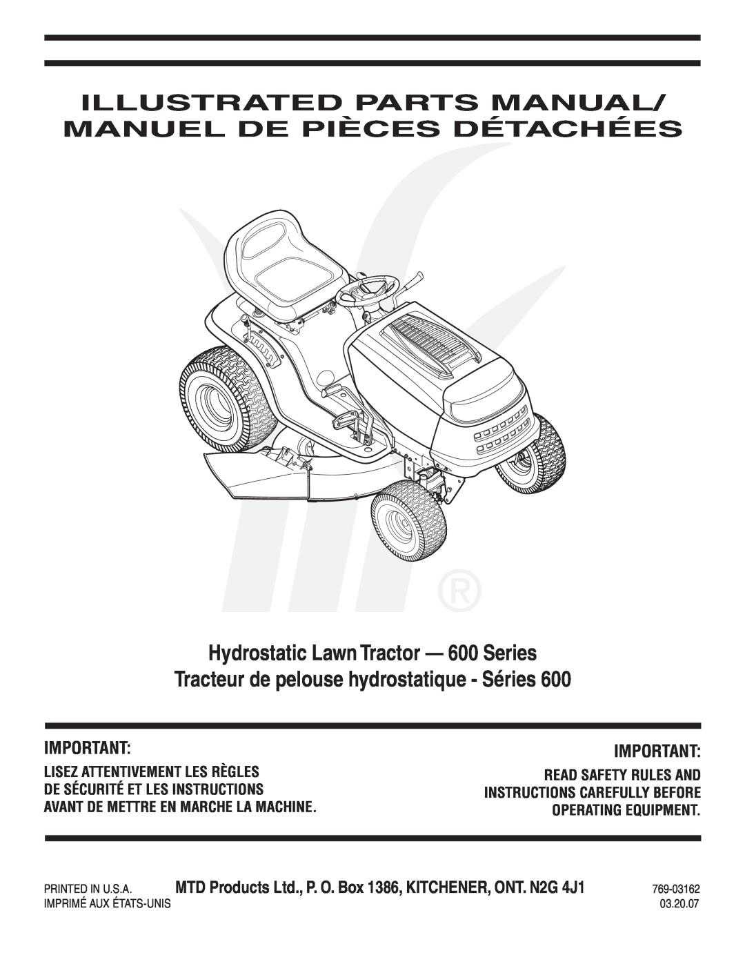 MTD manual Illustrated Parts Manual/ Manuel De Pièces Détachées, Hydrostatic Lawn Tractor - 600 Series, 769-03162 