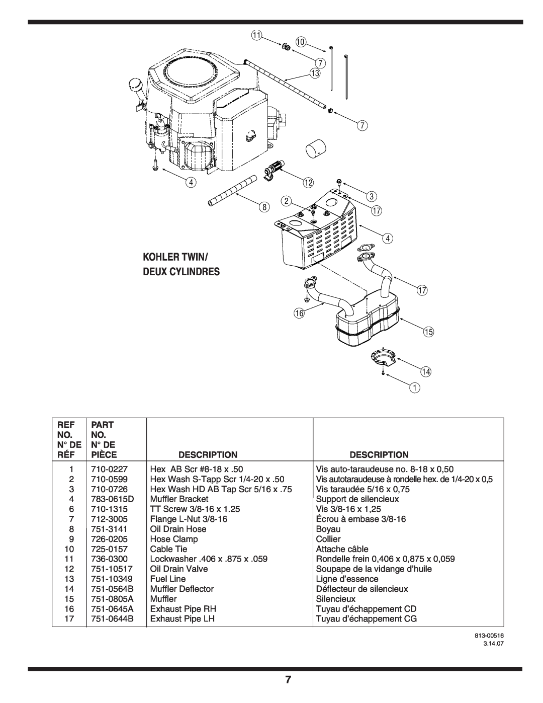 MTD 600 manual Kohler Twin, Deux Cylindres, Part, N De, Pièce, Description 
