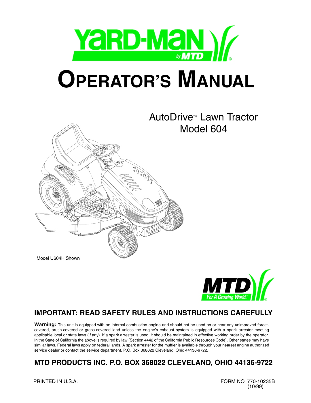 MTD 604 manual OPERATOR’S Manual 