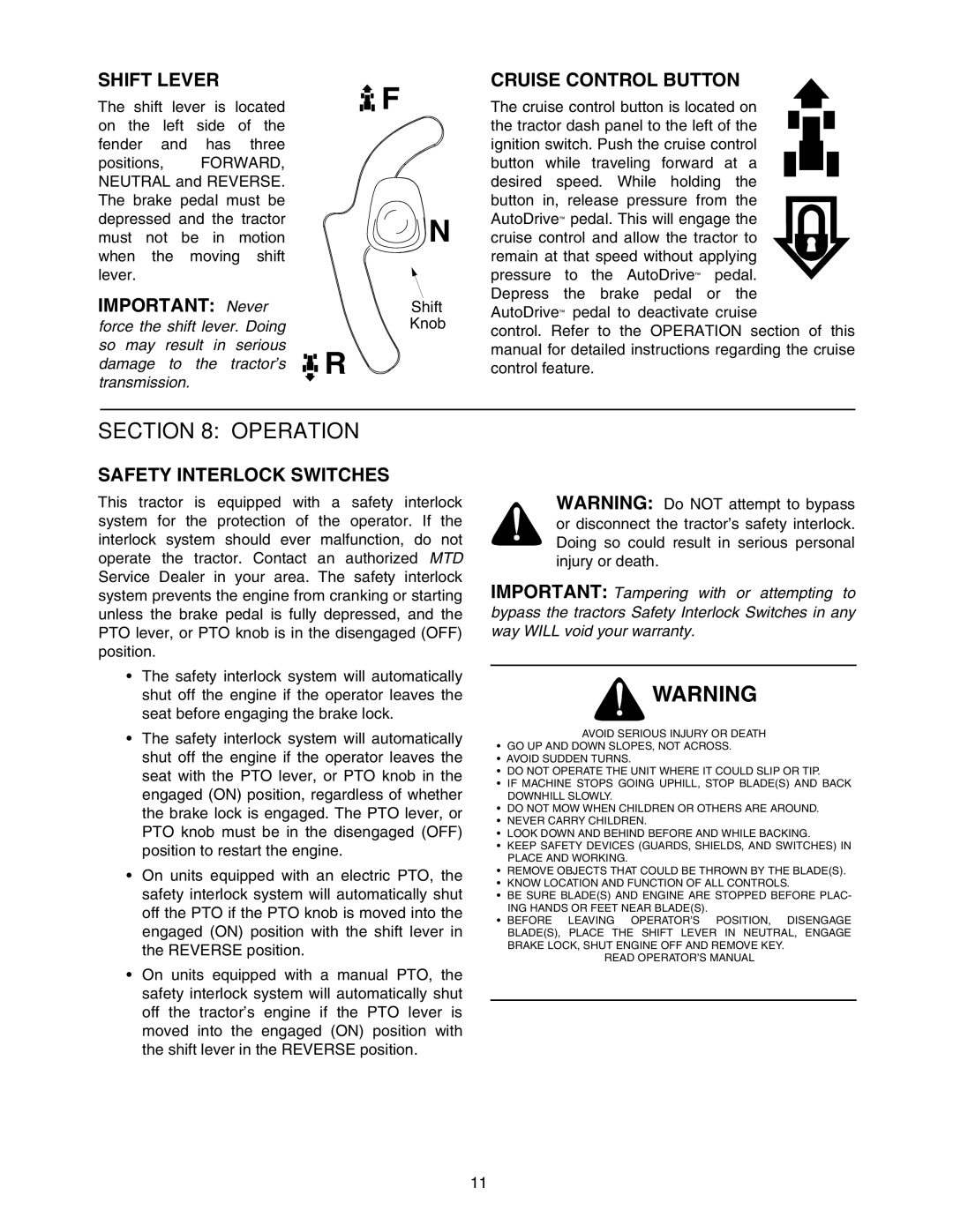 MTD 604 manual Shift Lever, Cruise Control Button, Safety Interlock Switches 