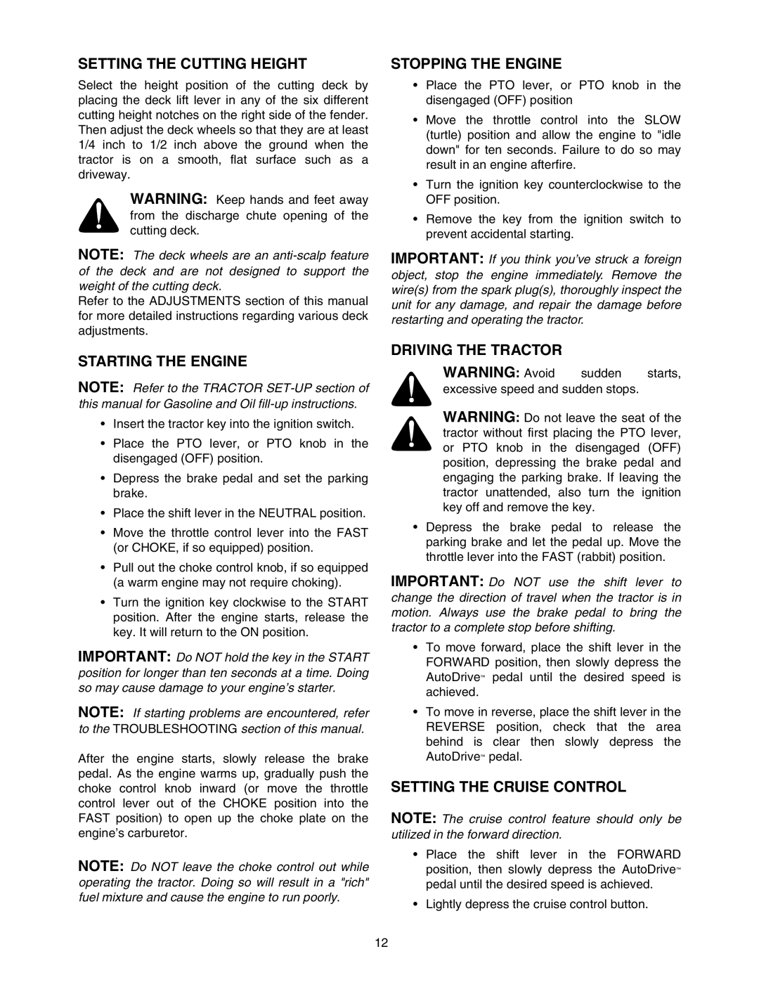 MTD 604 manual Setting the Cutting Height, Starting the Engine, Stopping the Engine, Driving the Tractor 