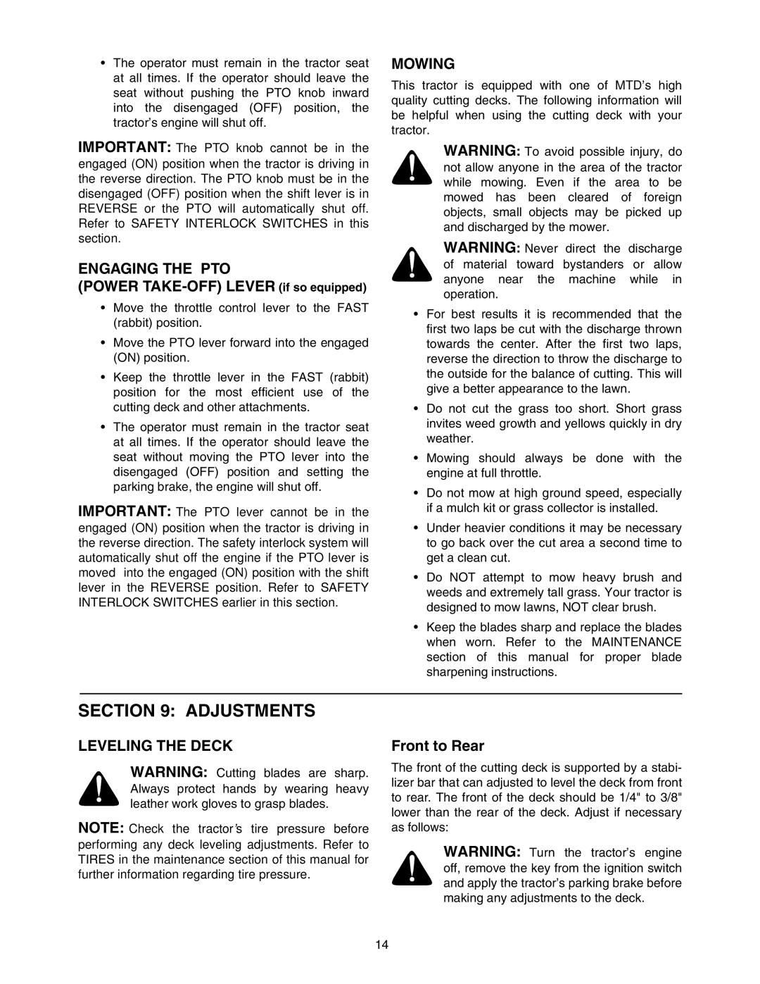 MTD 604 manual Adjustments, Engaging the PTO, Mowing, Leveling the Deck 