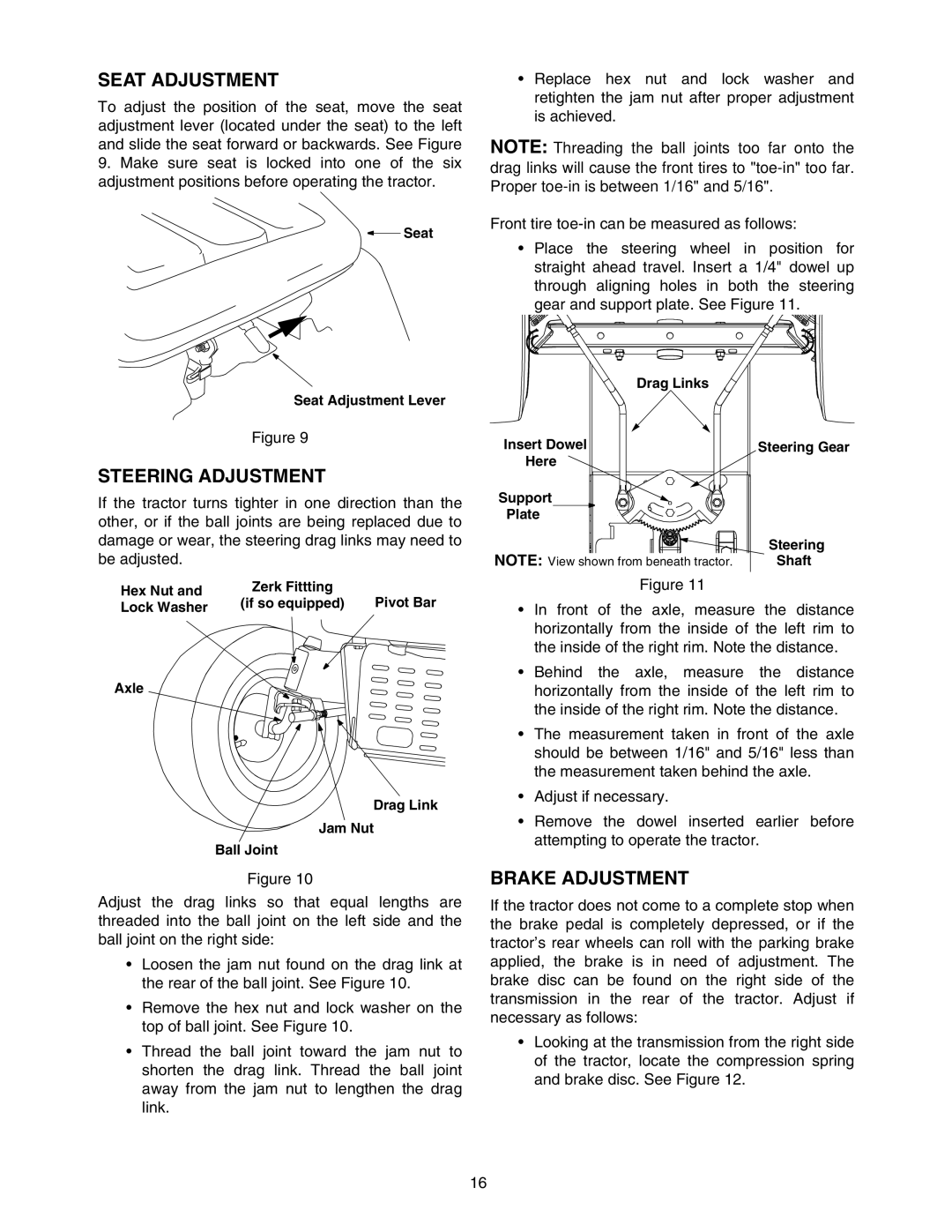 MTD 604 manual Seat Adjustment, Steering Adjustment, Brake Adjustment 