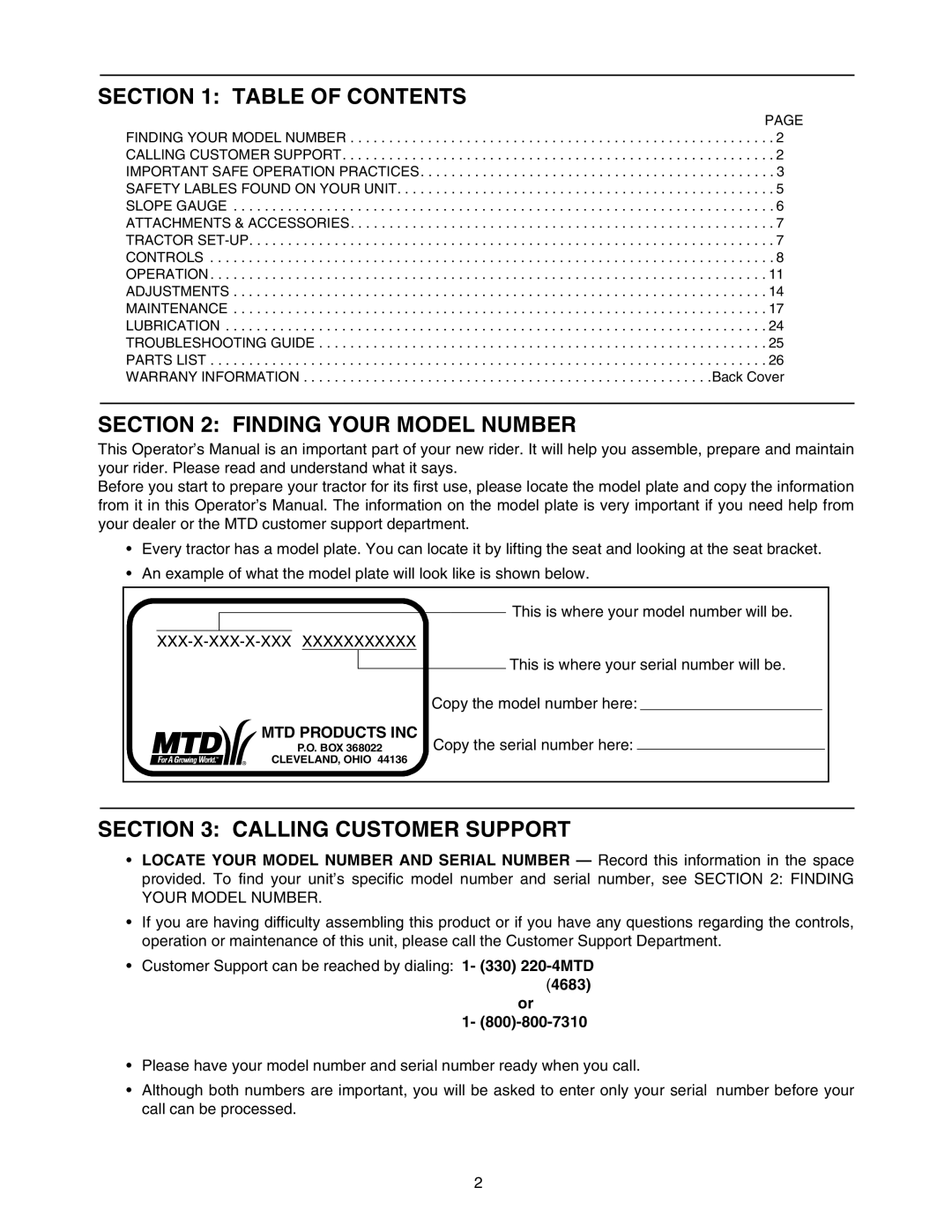 MTD 604 manual Table of Contents, Finding Your Model Number, Calling Customer Support 