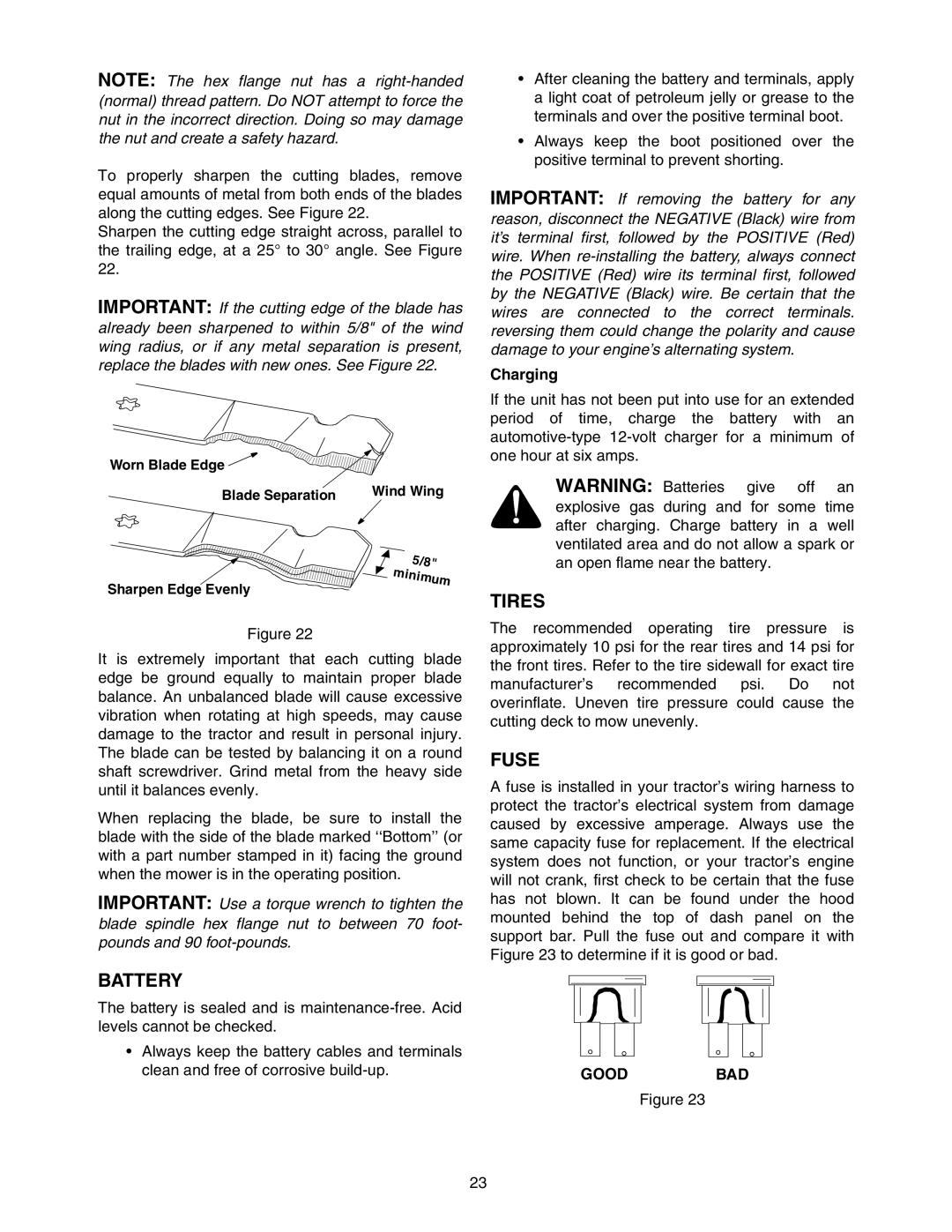 MTD 604 manual Battery, Tires, Fuse, Charging 