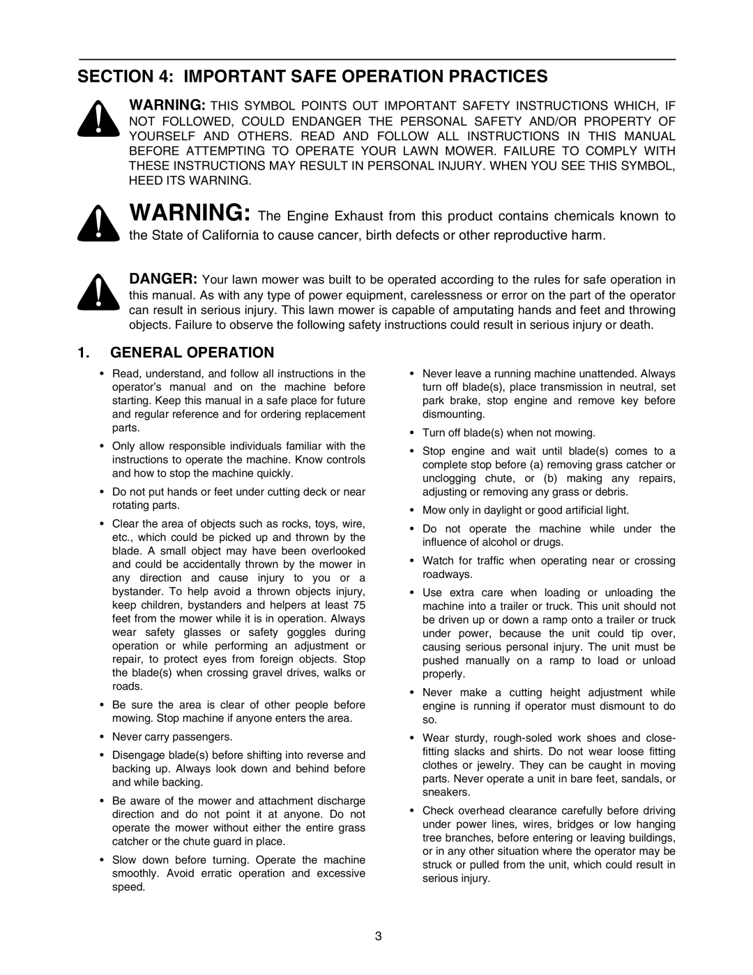 MTD 604 manual Important Safe Operation Practices, General Operation 