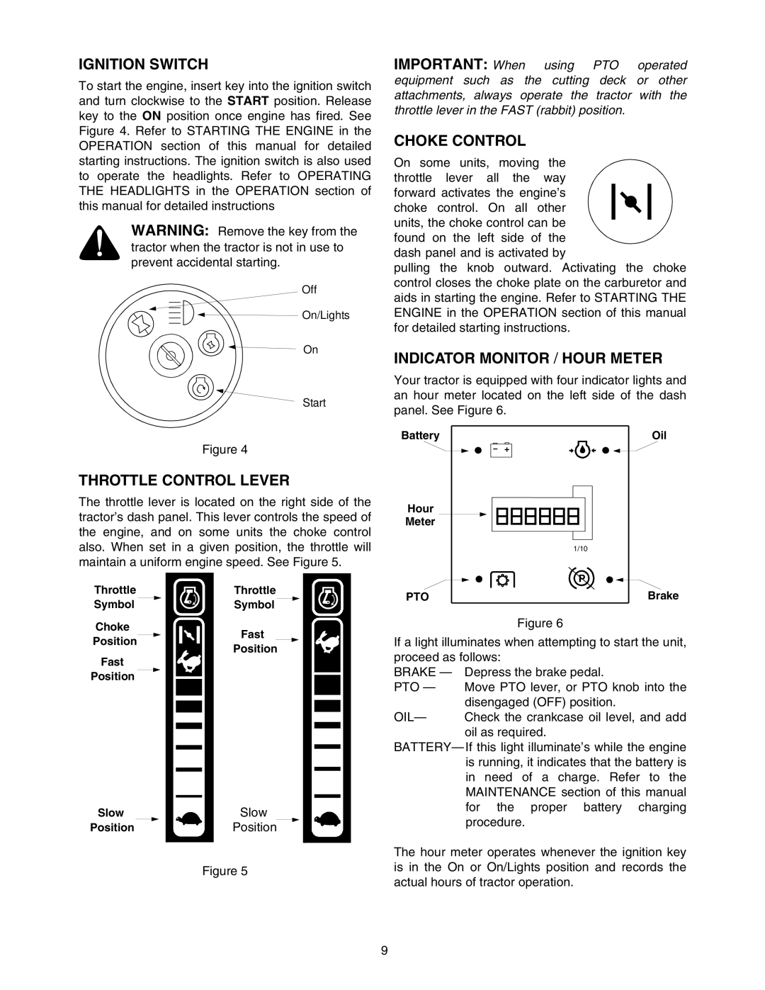 MTD 604 manual Ignition Switch, Throttle Control Lever, Choke Control, Indicator Monitor / Hour Meter 