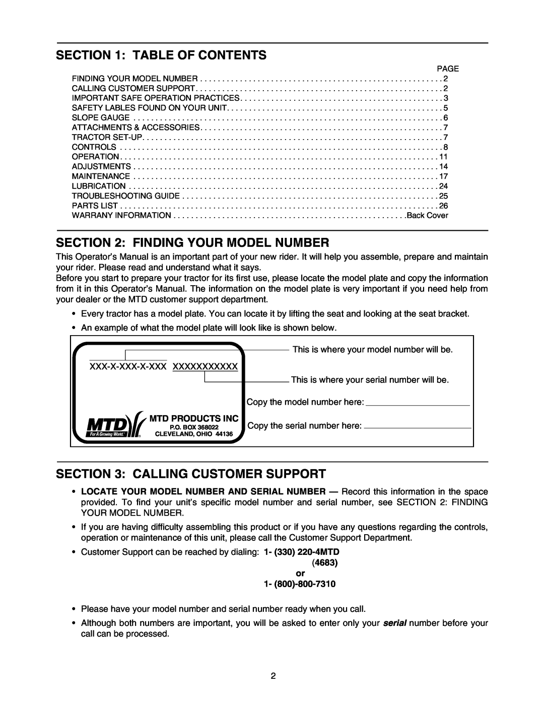 MTD 604 manual Table Of Contents, Finding Your Model Number, Calling Customer Support, Mtd Products Inc, 4683 or 