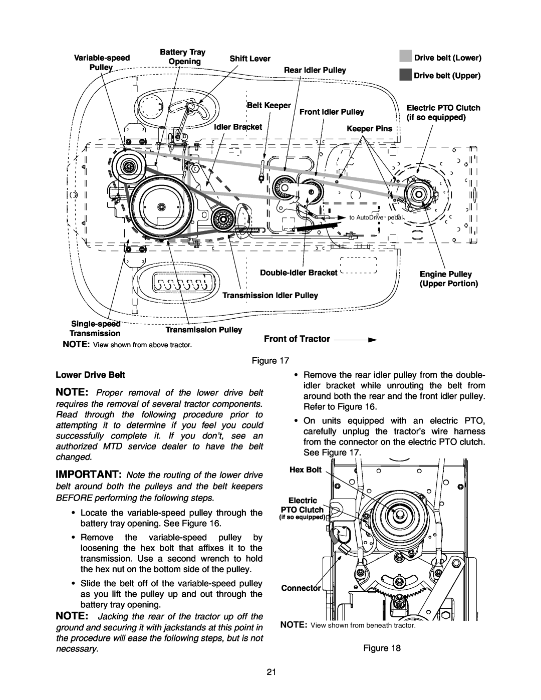 MTD 604 manual Front of Tractor, Lower Drive Belt, Variable-speed, NOTE View shown from above tractor 