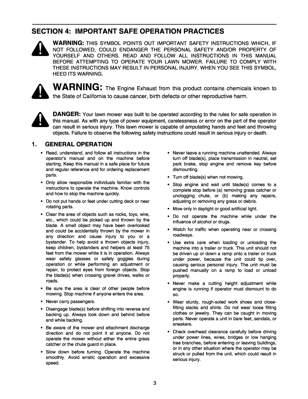 MTD 604 manual Important Safe Operation Practices, General Operation 