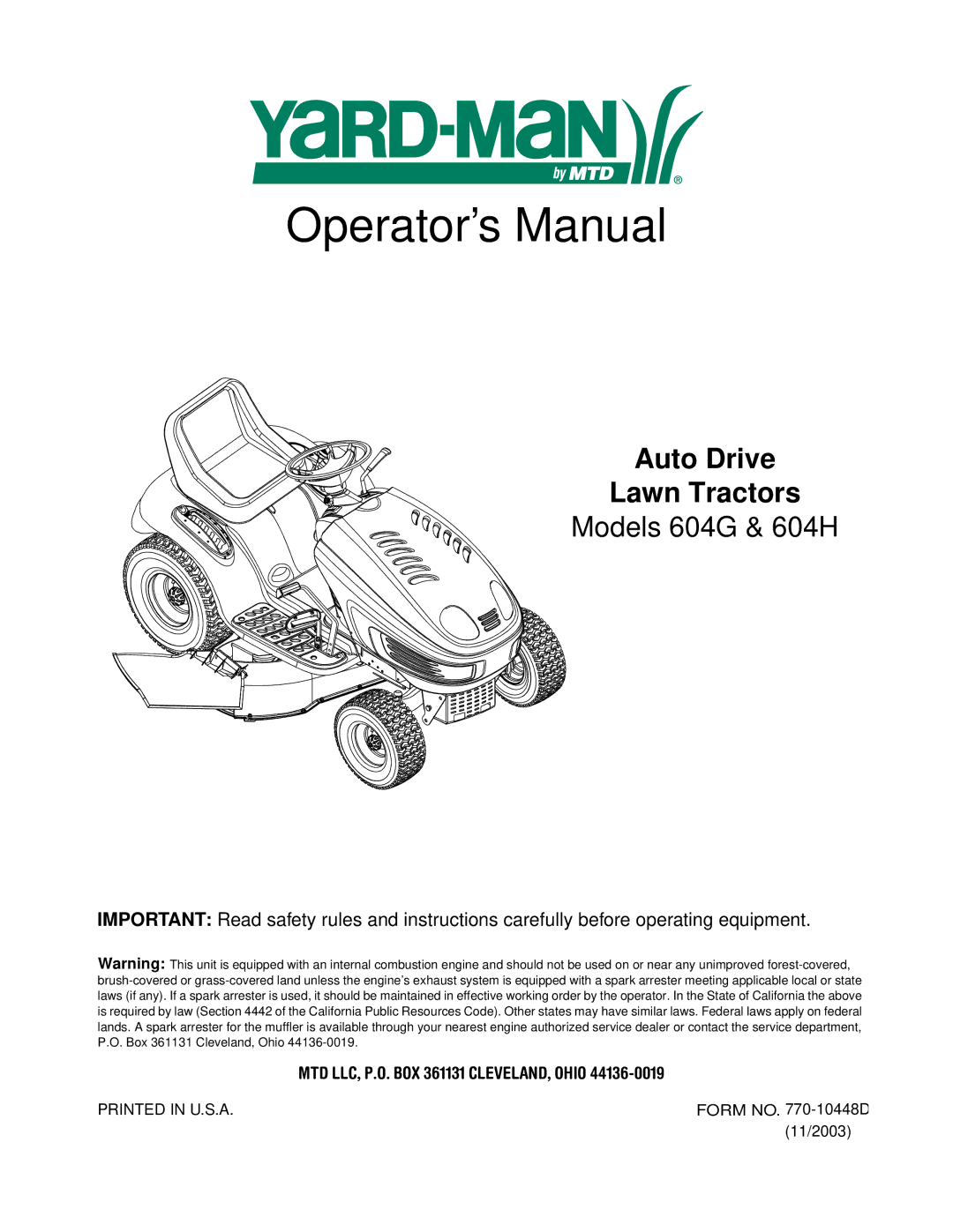 MTD 604H manual Operator’s Manual 