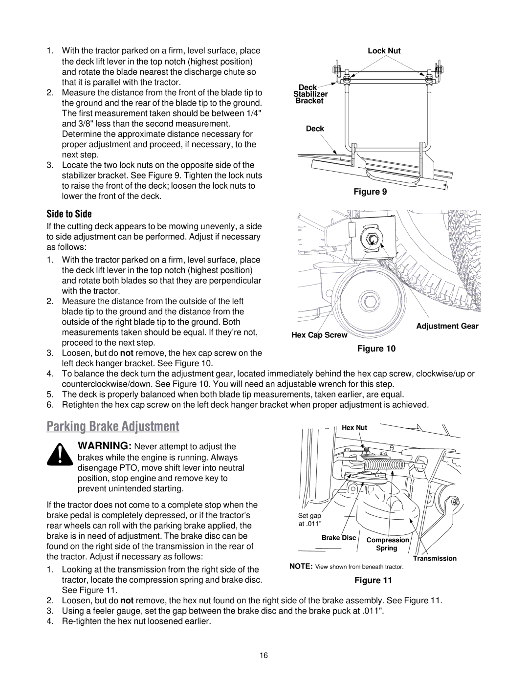 MTD 604H manual Parking Brake Adjustment, Side to Side 