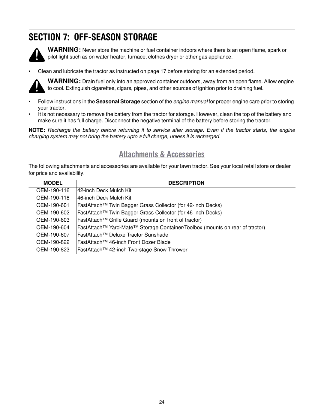 MTD 604H manual OFF-SEASON Storage, Attachments & Accessories 