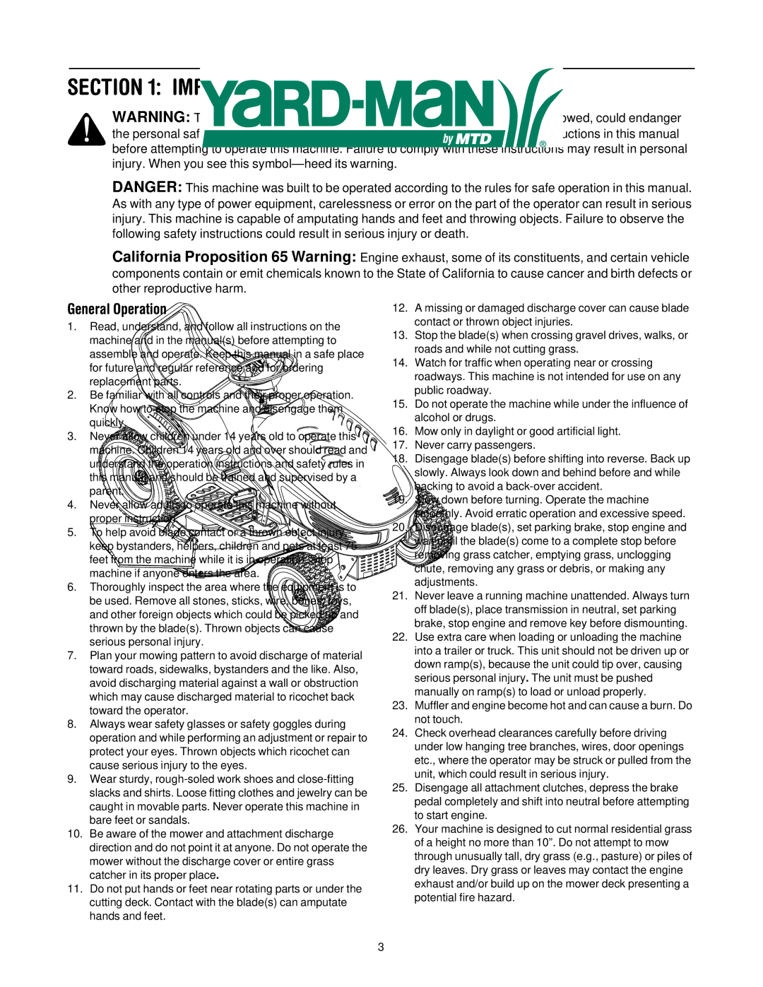 MTD 604H manual Important Safe Operation Practices, General Operation 