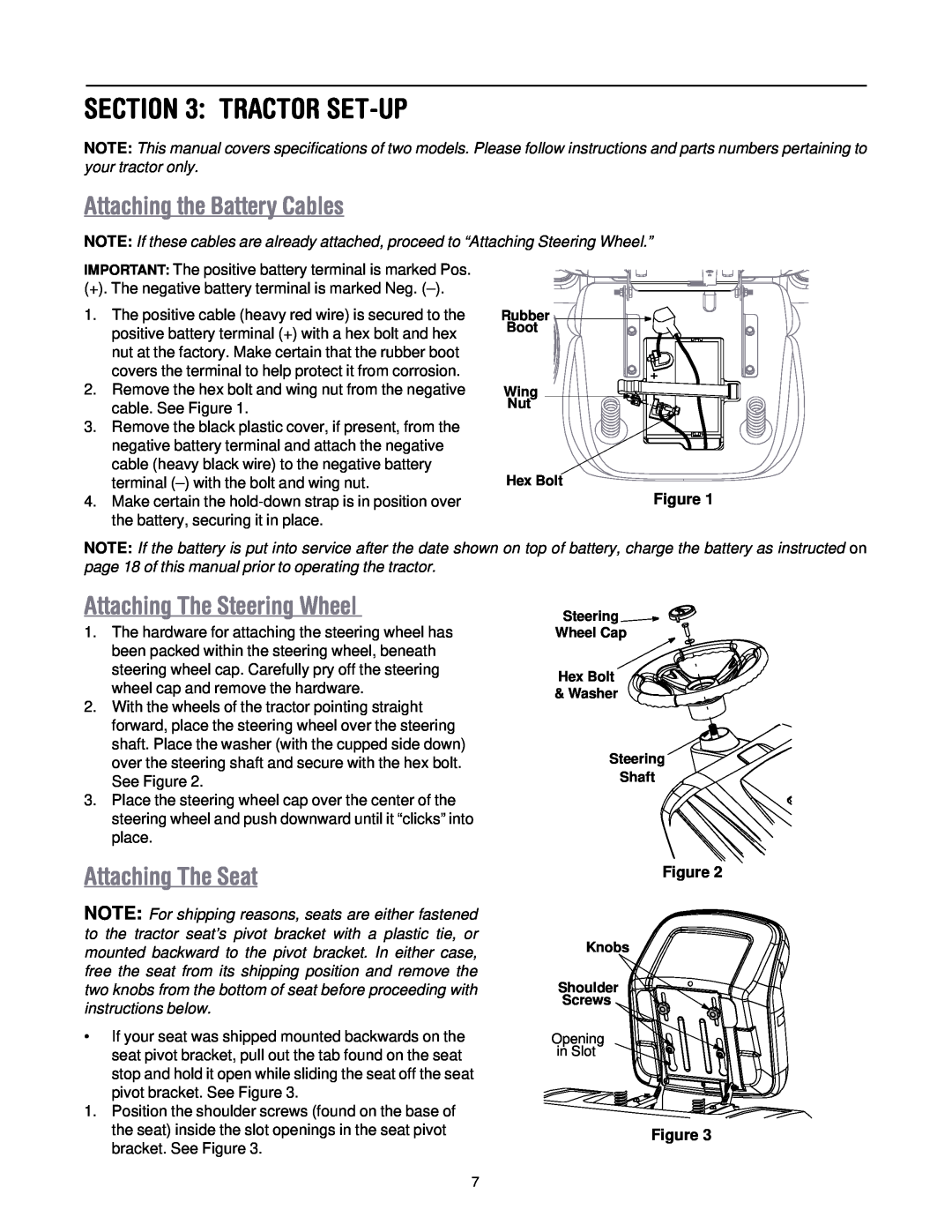 MTD 604H manual Tractor Set-Up, Attaching the Battery Cables, Attaching The Steering Wheel, Attaching The Seat 