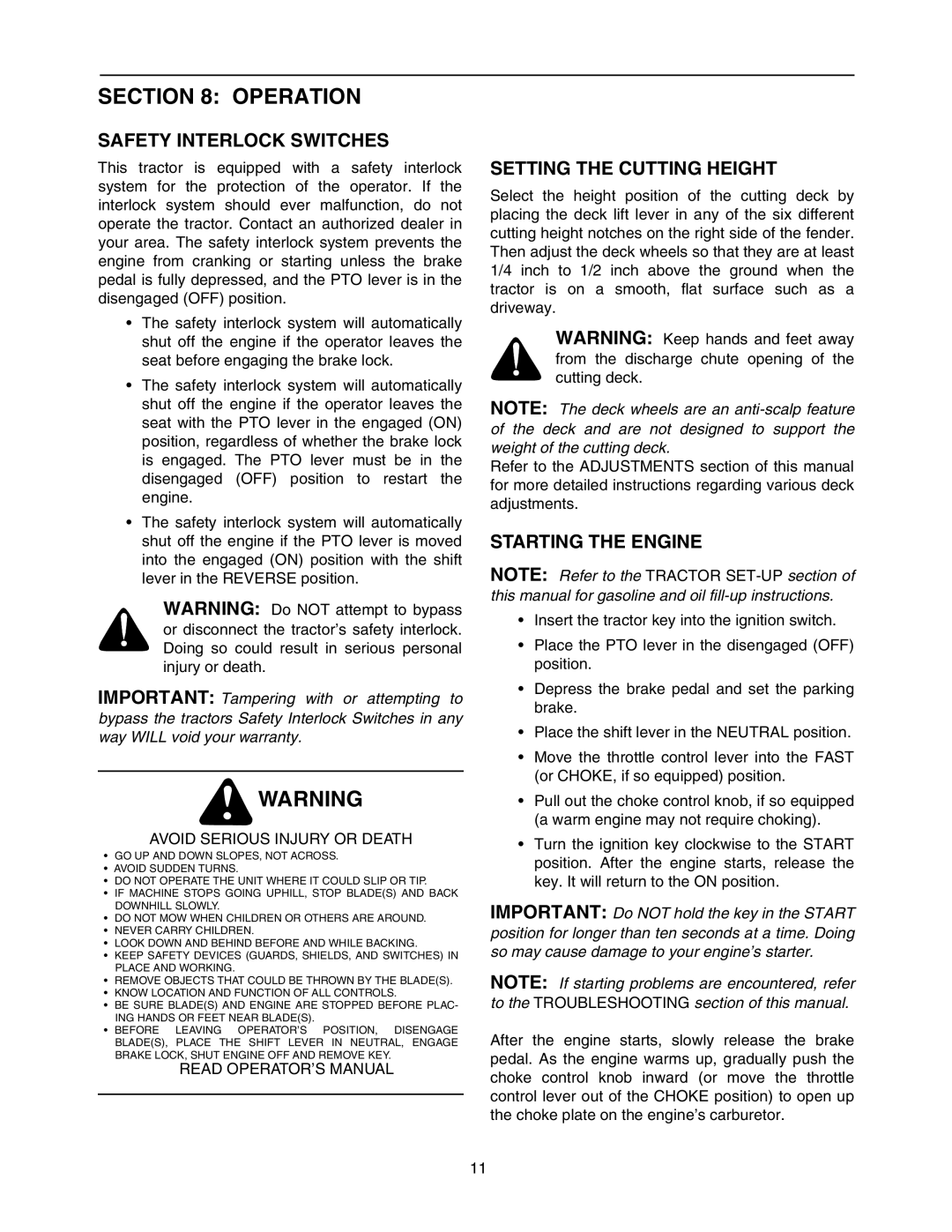 MTD 607 manual Operation, Safety Interlock Switches, Setting the Cutting Height, Starting the Engine 