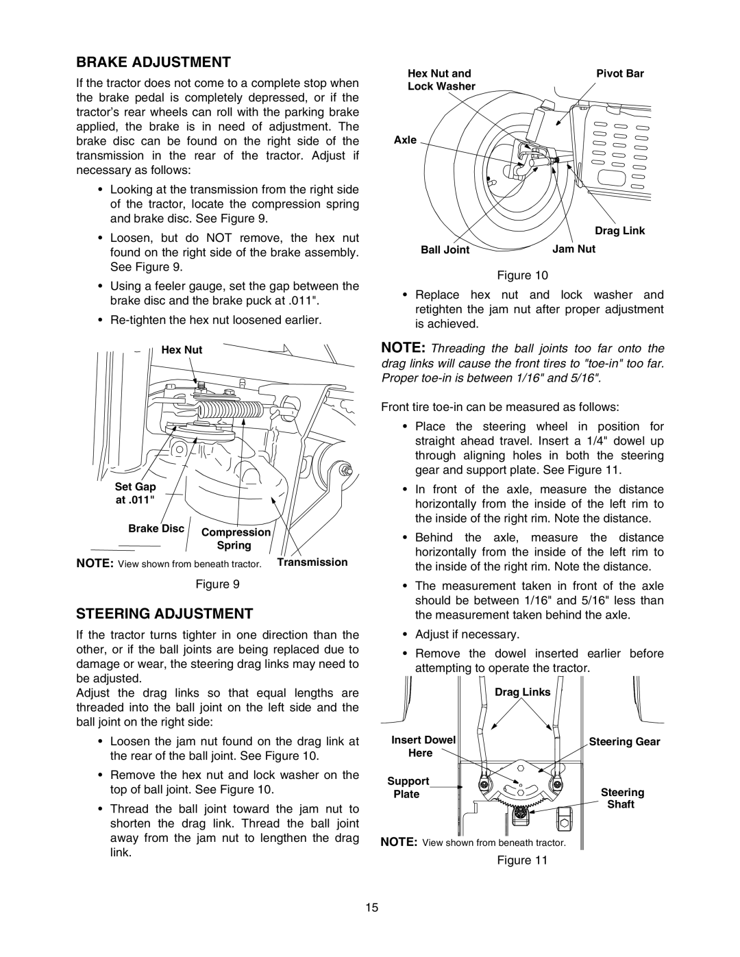 MTD 607 manual Brake Adjustment, Steering Adjustment 