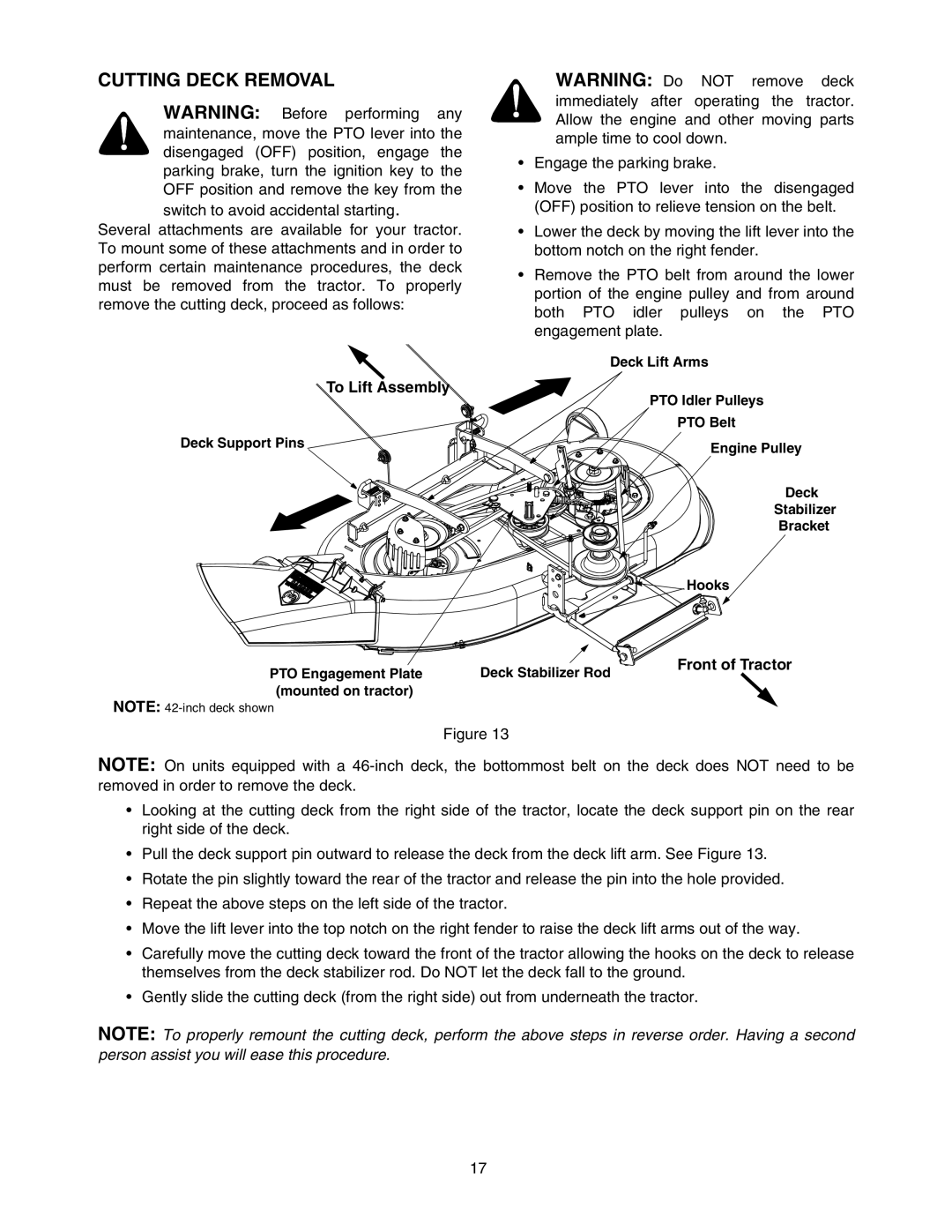 MTD 607 manual Cutting Deck Removal, Lift, Front of Tractor 