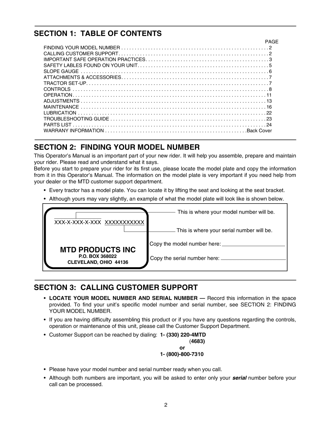 MTD 607 manual Table of Contents, Finding Your Model Number, MTD Products INC, Calling Customer Support 