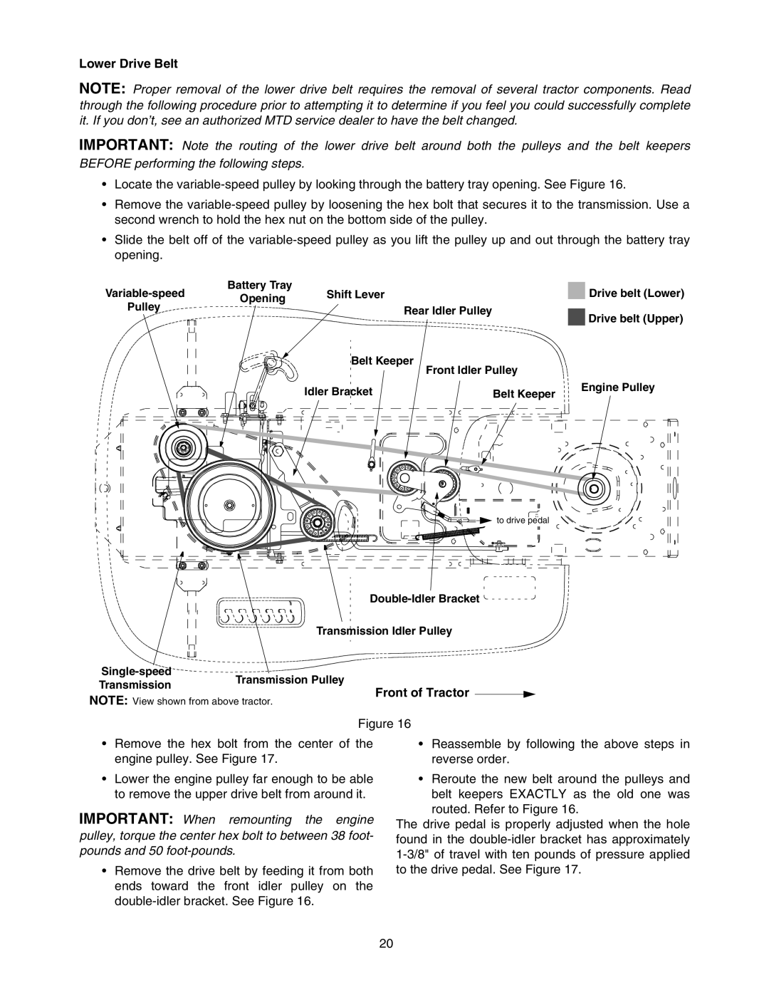 MTD 607 manual Lower Drive Belt, Front of Tractor 