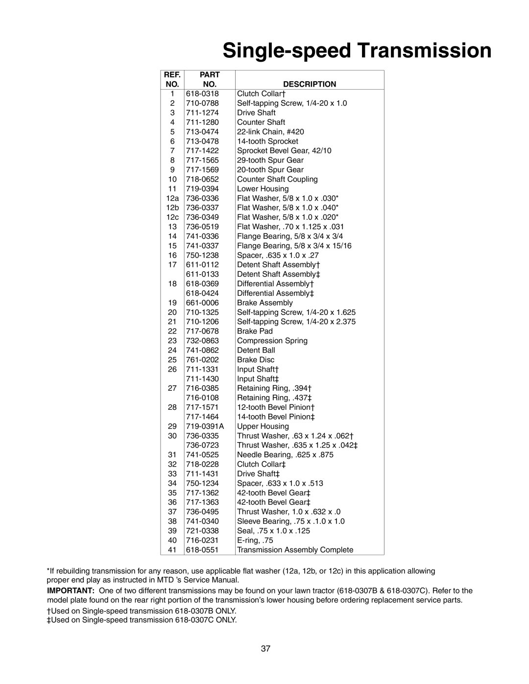 MTD 608, 609 manual Single-speed Transmission 