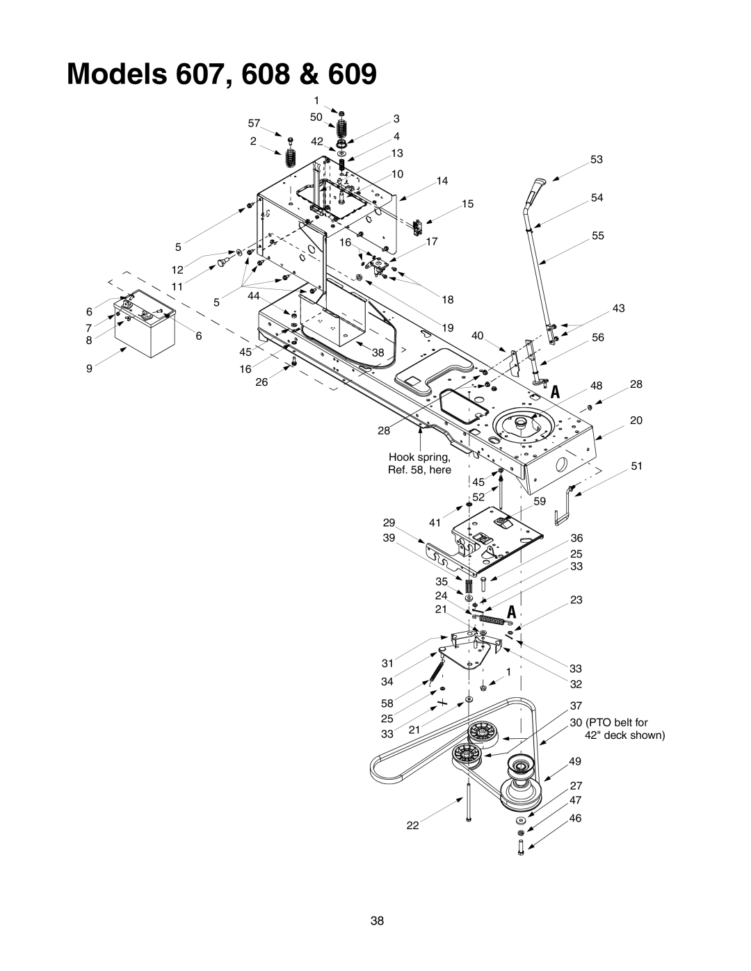 MTD 609, 608 manual Hook spring, Ref , here PTO belt for 42 deck shown 