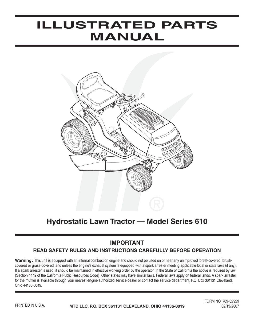 MTD 610 manual Illustrated Parts Manual 