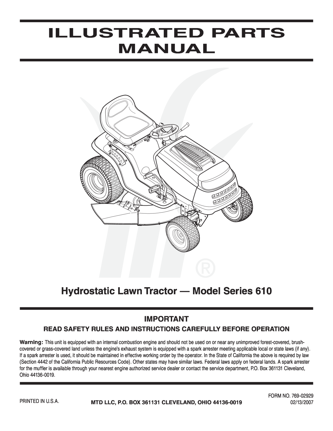 MTD 610 manual Read Safety Rules And Instructions Carefully Before Operation, MTD LLC, P.O. BOX 361131 CLEVELAND, OHIO 