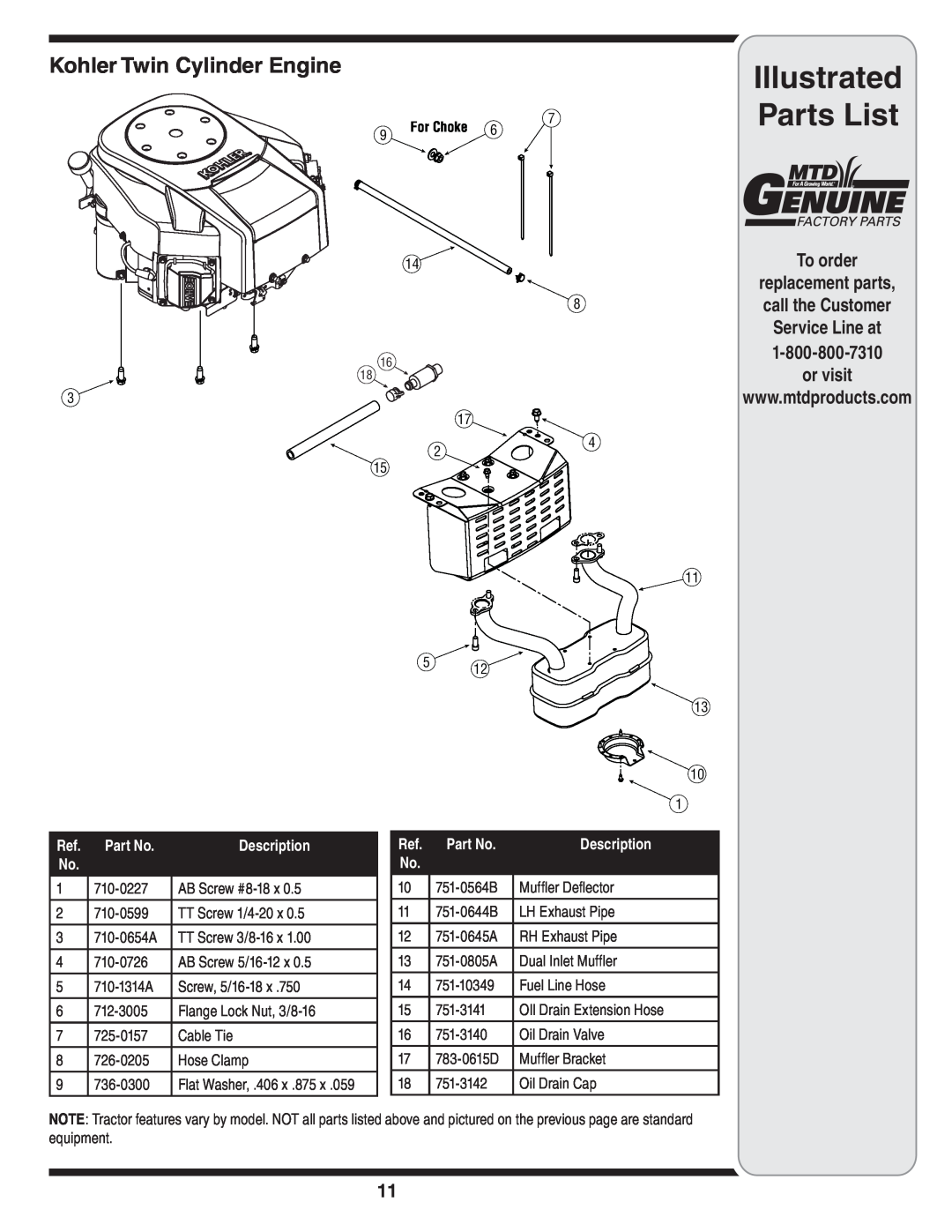 MTD 610 manual Kohler Twin Cylinder Engine, Illustrated Parts List, To order, or visit, Flat Washer, .406 x .875 x 