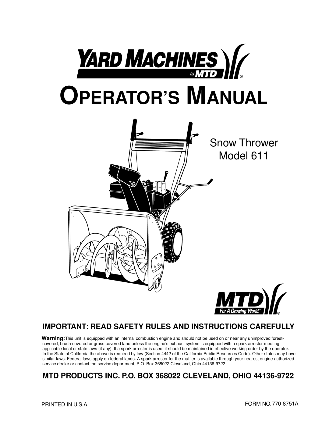 MTD 611 manual Important Read Safety Rules and Instructions Carefully, MTD Products INC. P.O. BOX 368022 CLEVELAND, Ohio 