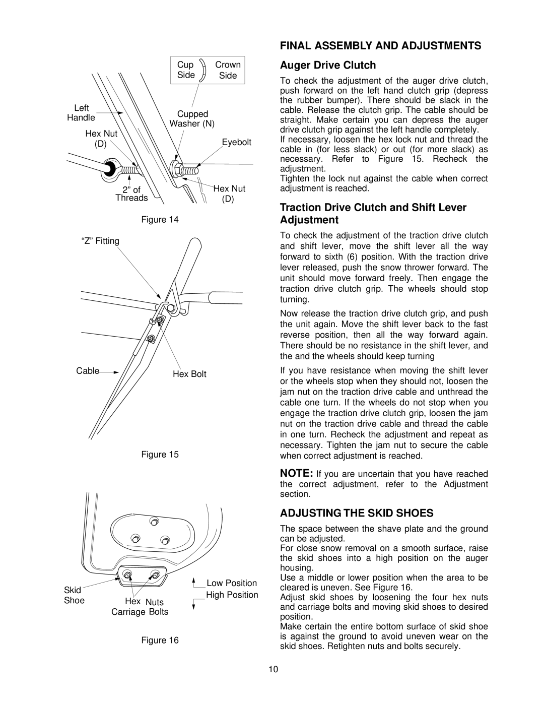 MTD 611 manual Final Assembly and Adjustments, Auger Drive Clutch, Traction Drive Clutch and Shift Lever Adjustment 