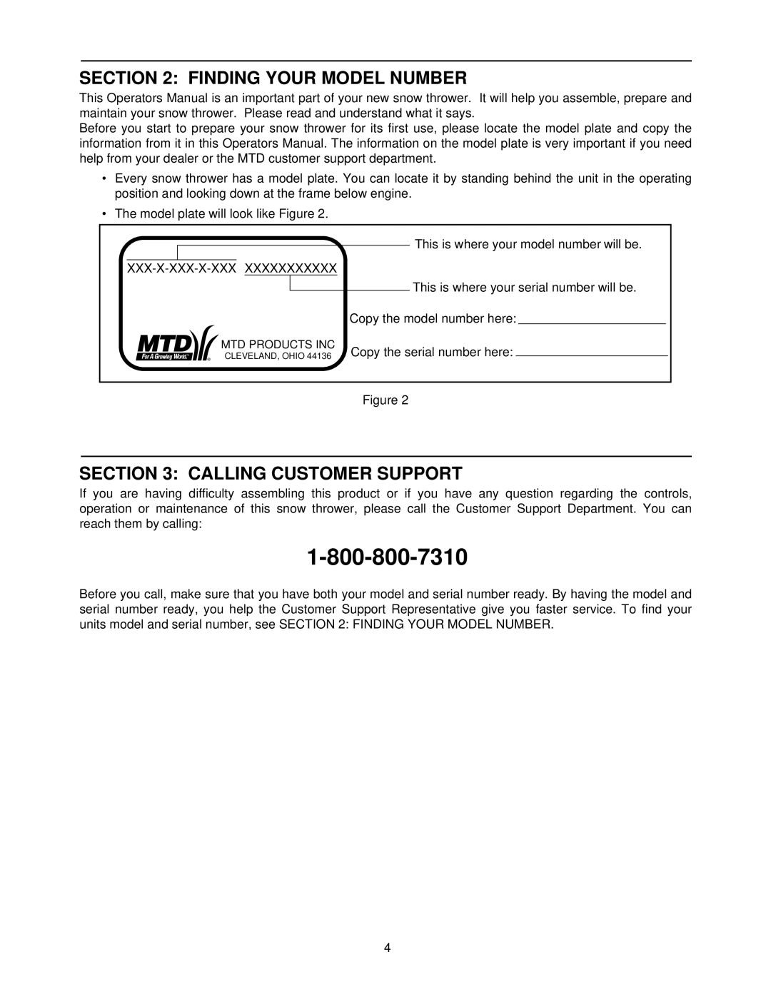 MTD 611 manual Finding Your Model Number, Calling Customer Support 