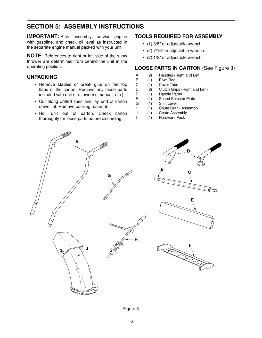 MTD 611 manual Assembly Instructions, Unpacking, Tools Required for Assembly, Loose Parts in Carton See Figure 