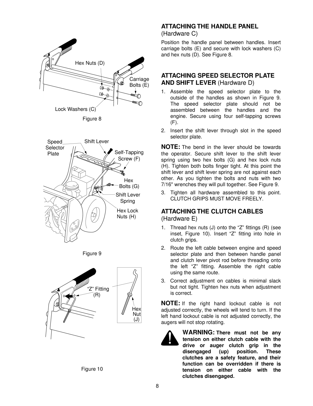 MTD 611 Attaching the Handle Panel, Attaching Speed Selector Plate and Shift Lever Hardware D, Attaching the Clutch Cables 