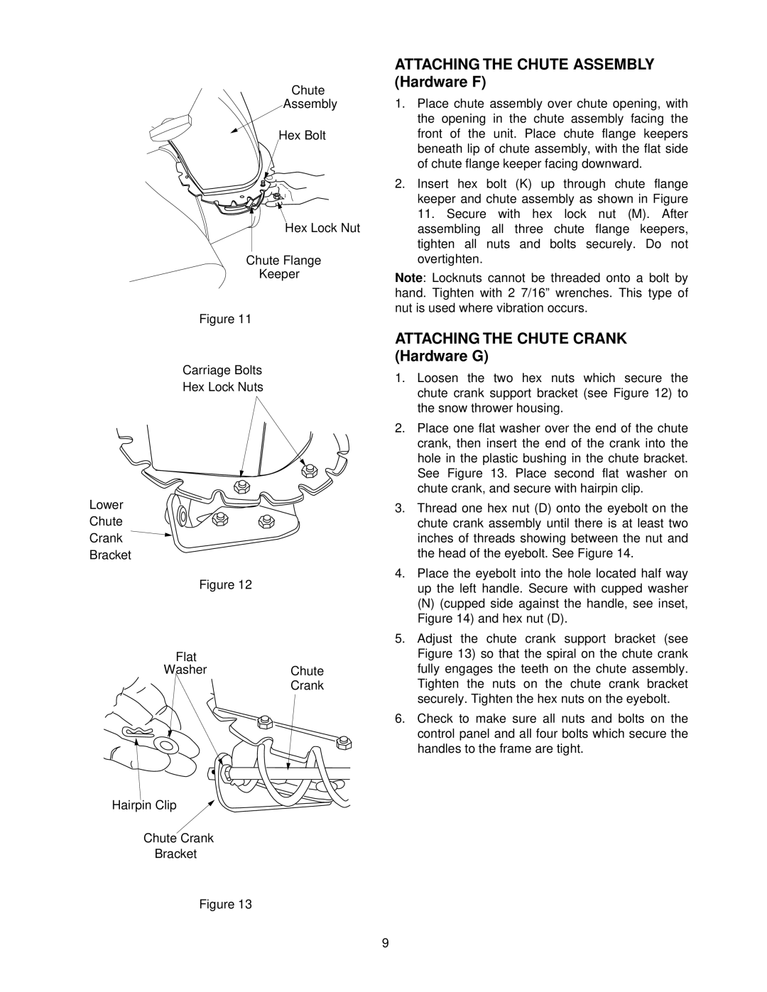 MTD 611 manual Attaching the Chute Assembly Hardware F, Attaching the Chute Crank Hardware G 