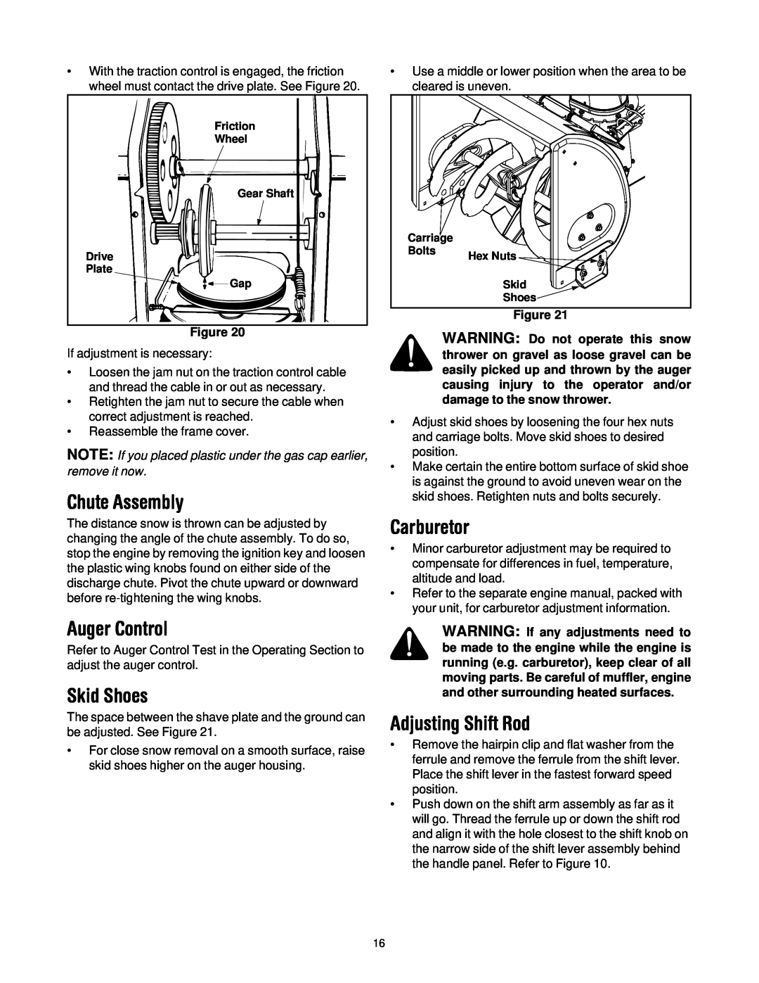 MTD 614E manual Chute Assembly, Auger Control, Skid Shoes, Carburetor, Adjusting Shift Rod 