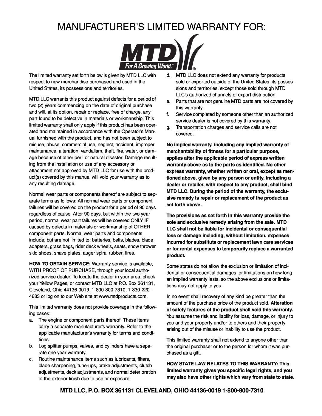 MTD 614E manual Manufacturer’S Limited Warranty For, MTD LLC, P.O. BOX 361131 CLEVELAND, OHIO 44136-0019 