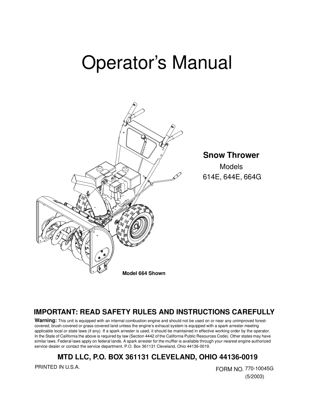 MTD 614E manual Operator’s Manual 