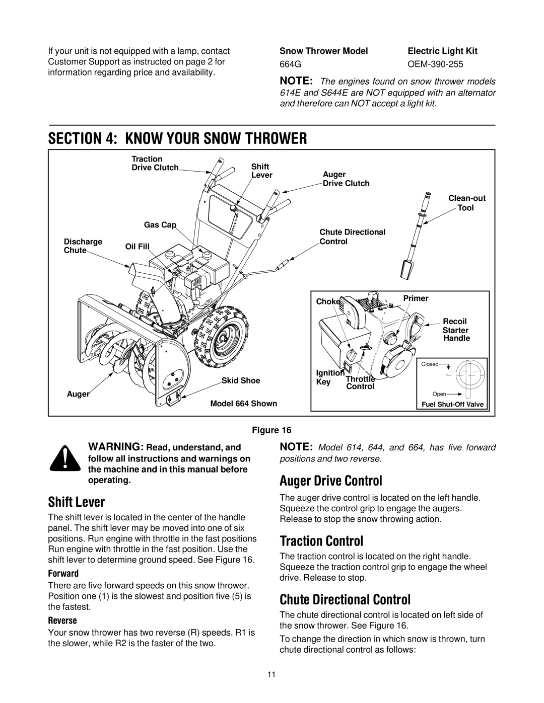 MTD 614E manual Know Your Snow Thrower, Shift Lever, Auger Drive Control, Traction Control, Chute Directional Control 