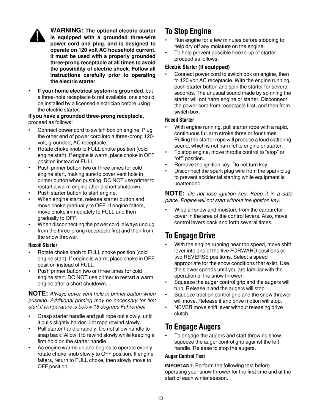 MTD 614E manual To Stop Engine, To Engage Drive, To Engage Augers, Recoil Starter, Auger Control Test 